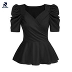 Rovarix women's black peplum top puff sleeves wrap V-neck fitted bodice flared hem flat lay