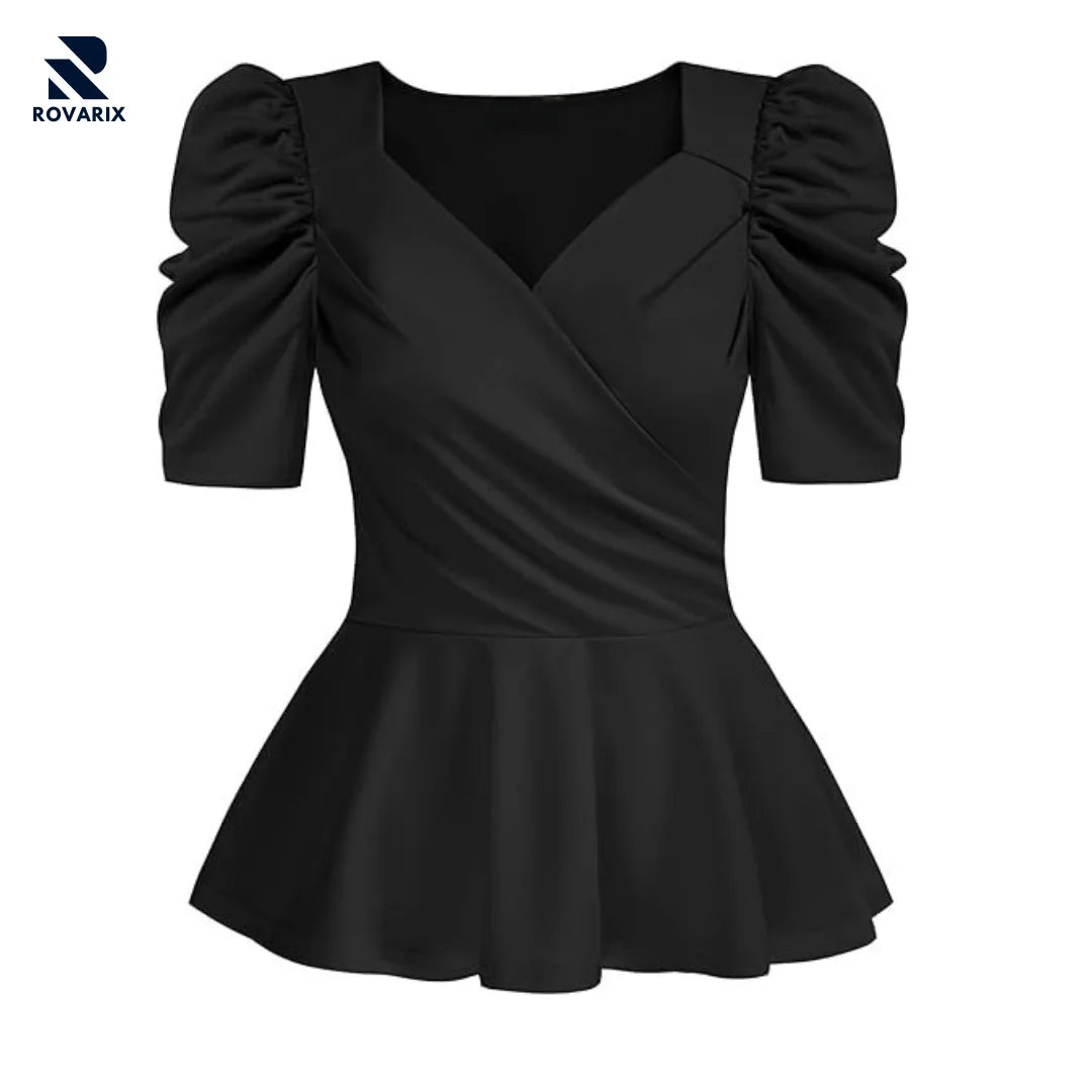 Rovarix women's black peplum top puff sleeves wrap V-neck fitted bodice flared hem flat lay