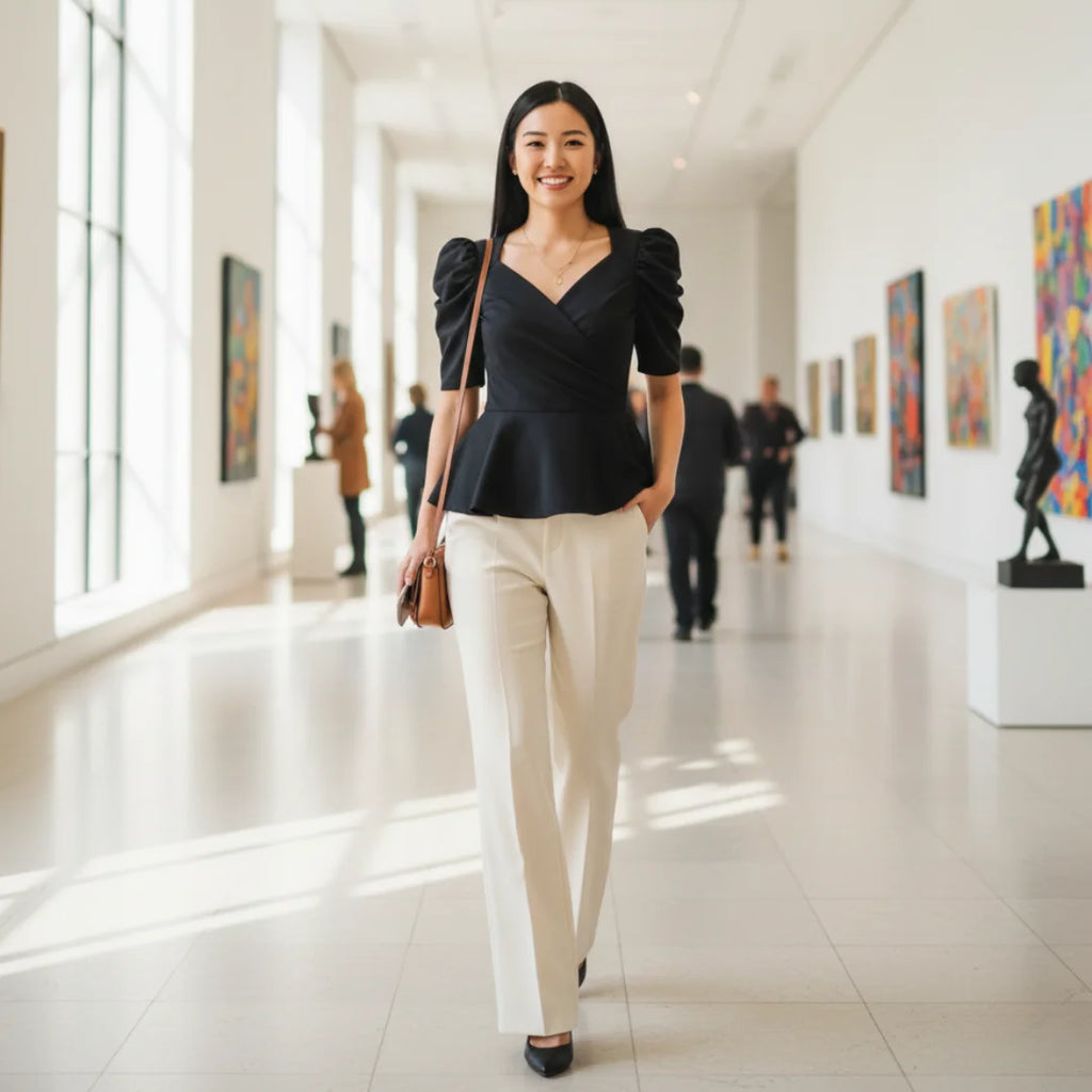 Woman wearing Rovarix black peplum top with puff sleeves and white trousers walking