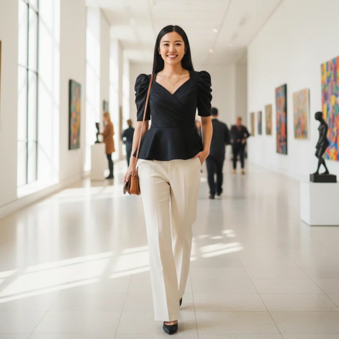 Woman wearing Rovarix black peplum top with puff sleeves and white trousers walking
