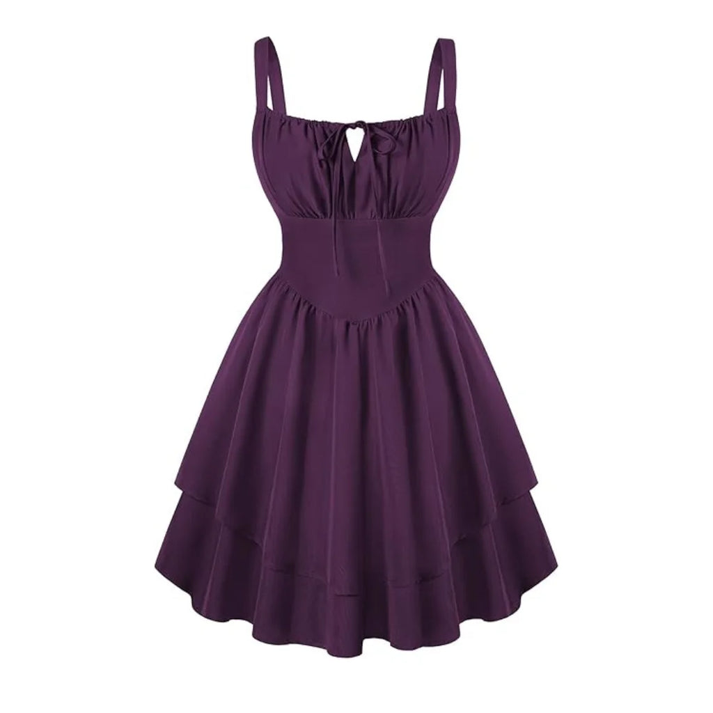 Rovarix women's purple fit-and-flare dress gathered bust adjustable straps empire waist tiered