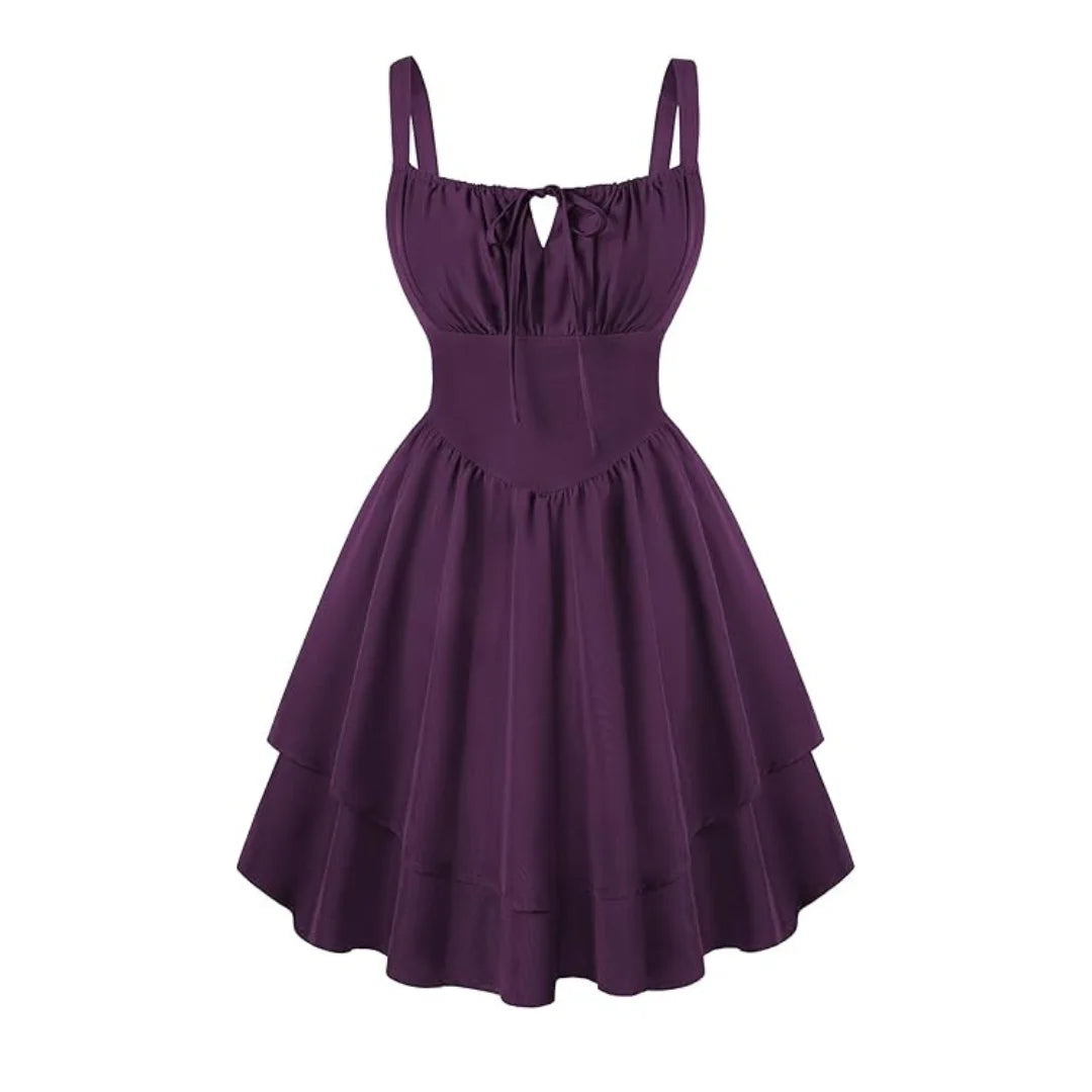 Rovarix women's purple fit-and-flare dress gathered bust adjustable straps empire waist tiered