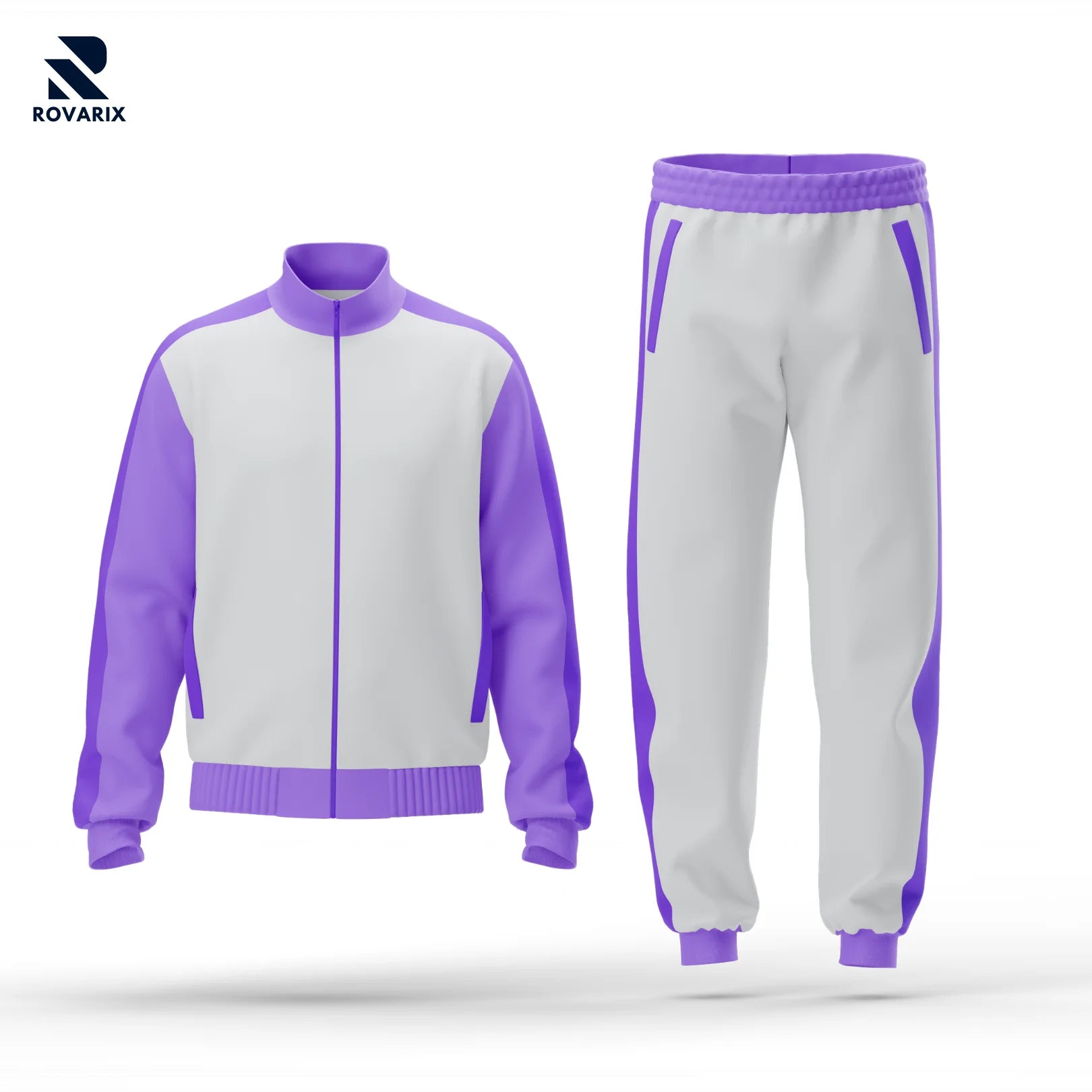 Gray and purple tracksuit with 'ROVARIX' branding on a white background