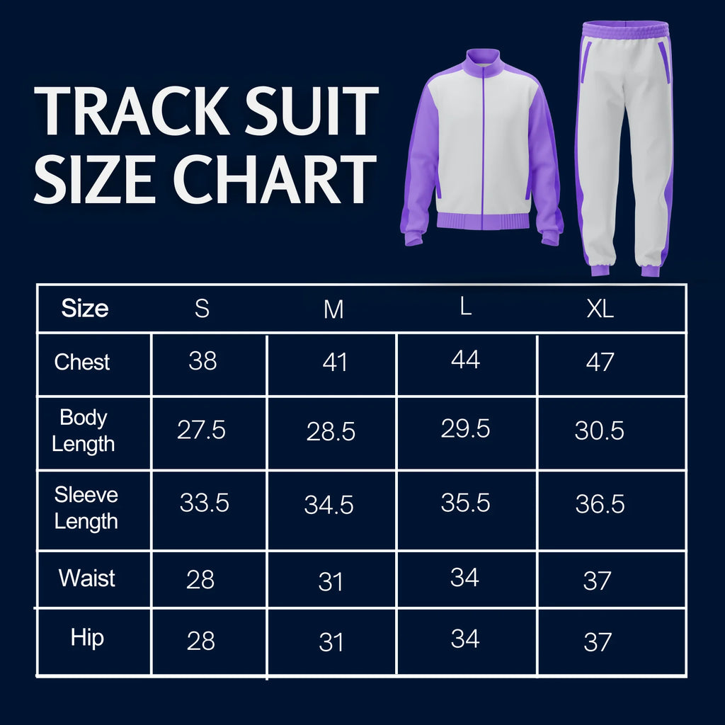 Rovarix tracksuit size chart showing measurements for S M L XL sizes chest waist hip length