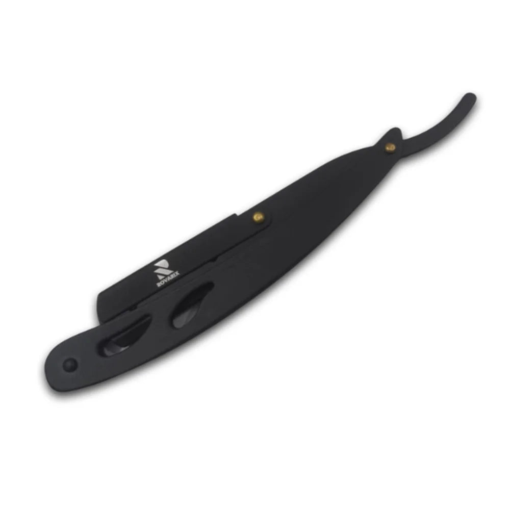 Rovarix Black straight razor on a white background