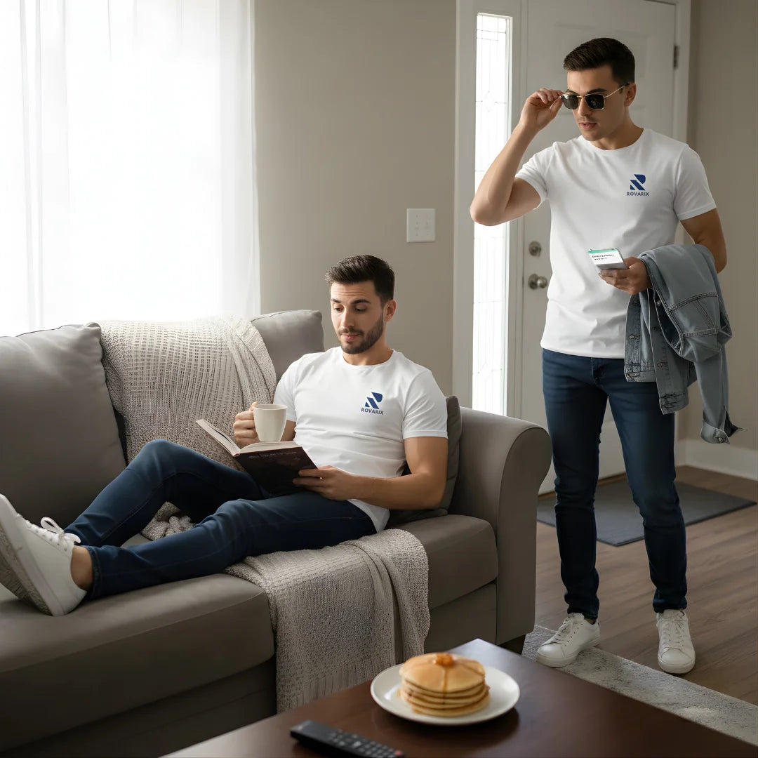 Two men in a living room, one reading a book and the other standing with a phone, with pancakes on a plate.
