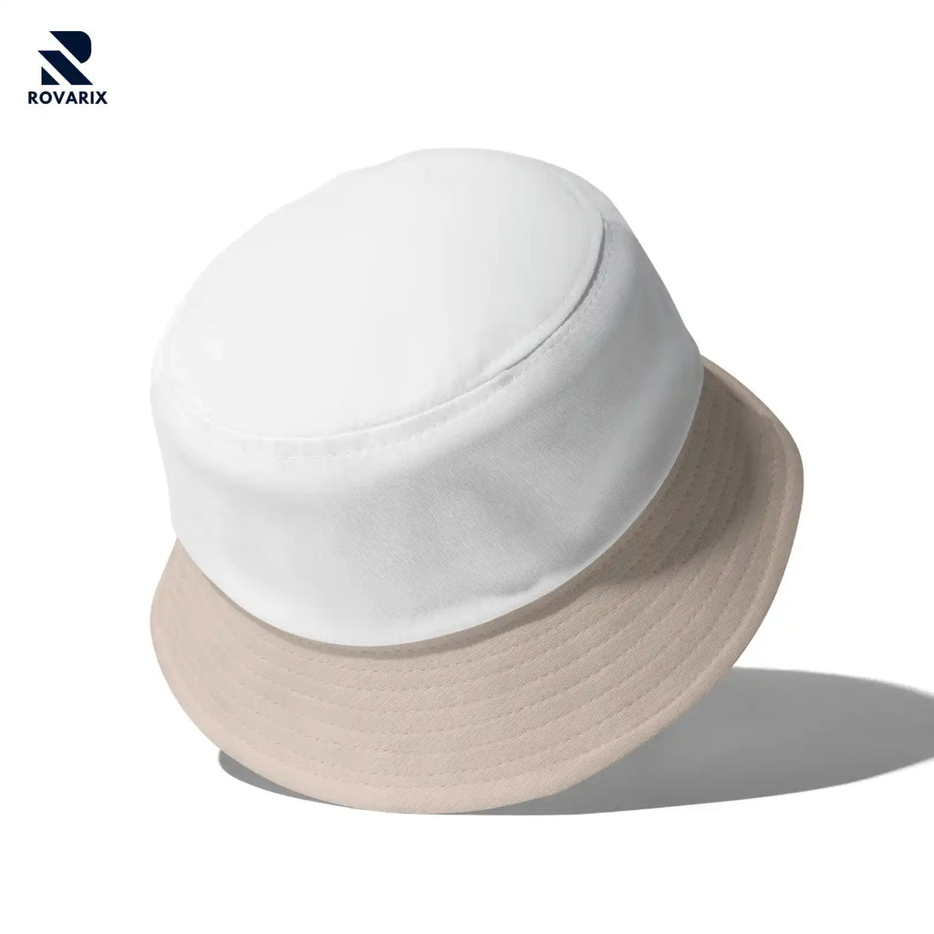 Rovarix reversible bucket hat showing white side and beige side two-in-one design
