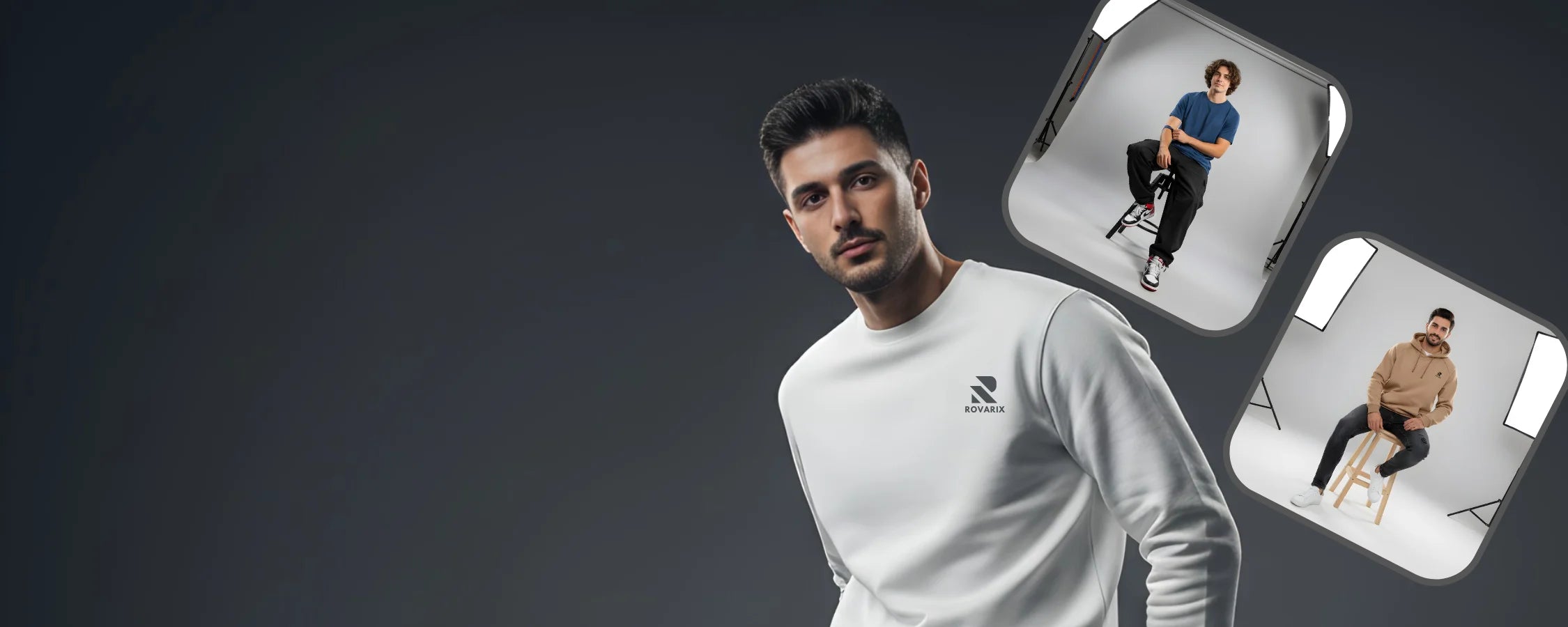 Man in a white sweatshirt with inset images of him in different poses on a dark background