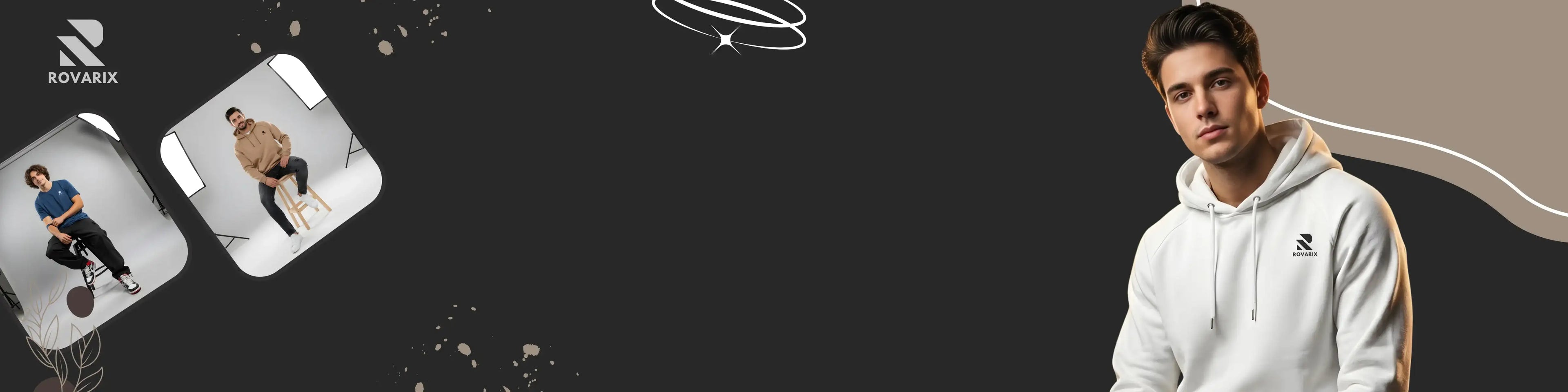 Man wearing a white hoodie with a brand logo, surrounded by smaller images of people and abstract shapes.