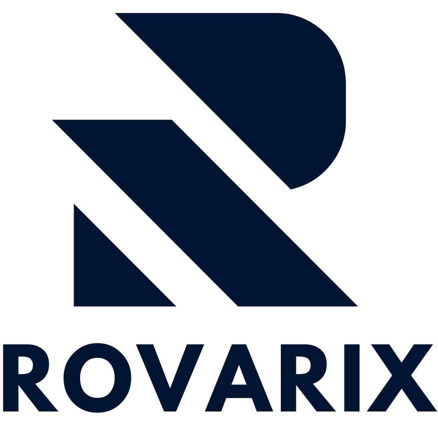 Rovarix logo with a stylized letter 'R' on a white background