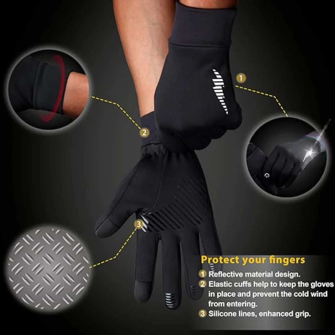 Rovarix running gloves showing reflective design, elastic cuffs, and silicone grip pattern features