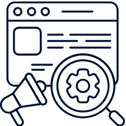 Icon of a web browser with a megaphone and gear, symbolizing SEO or digital marketing.