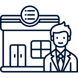 Icon of a person standing in front of a store with a sign above it.