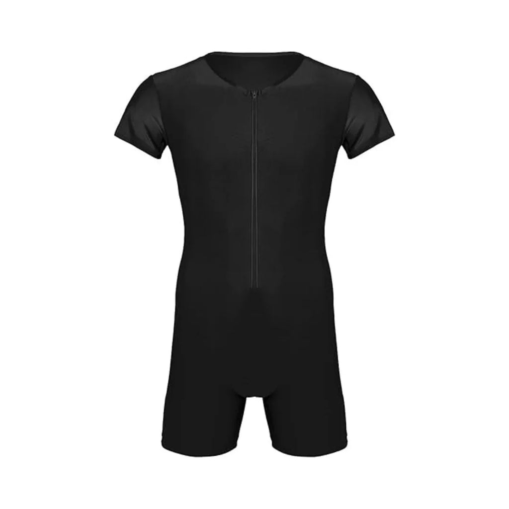 Rovarix men's all-black shorty wetsuit front zip crew neck short sleeve neoprene clean minimalist design flat lay