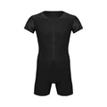 Rovarix men's all-black shorty wetsuit front zip crew neck short sleeve neoprene clean minimalist design flat lay