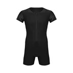 Rovarix men's all-black shorty wetsuit front zip crew neck short sleeve neoprene clean minimalist design flat lay