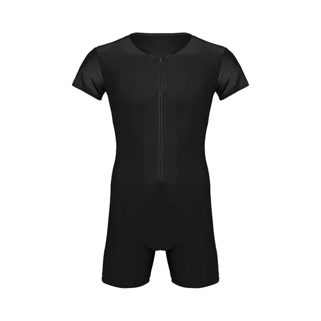 Rovarix men's all-black shorty wetsuit front zip crew neck short sleeve neoprene clean minimalist design flat lay