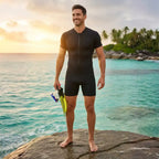 Man wearing Rovarix all-black shorty wetsuit standing on ocean rocks holding snorkel fins 
