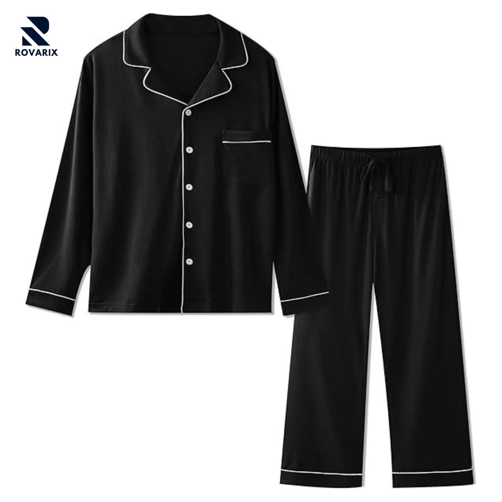 Rovarix black men's pajama set 2-piece with button-up top and elastic waist pants white contrast piping