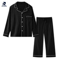 Rovarix black men's pajama set 2-piece with button-up top and elastic waist pants white contrast piping