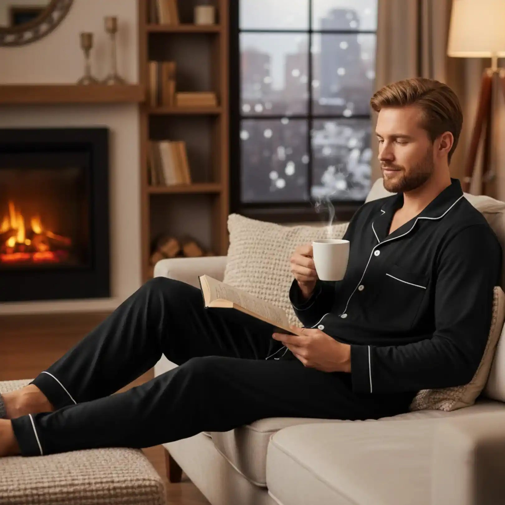Man wearing Rovarix black pajama set with white piping reading book by fireplace with coffee