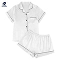 Rovarix white women's pajama set with black piping short-sleeve top and shorts 2-piece sleepwear