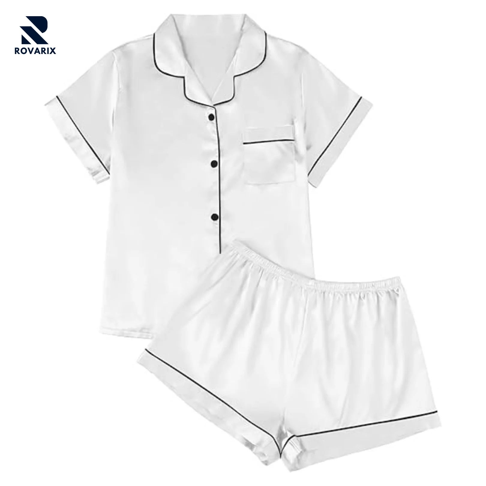 Rovarix white women's pajama set with black piping short-sleeve top and shorts 2-piece sleepwear