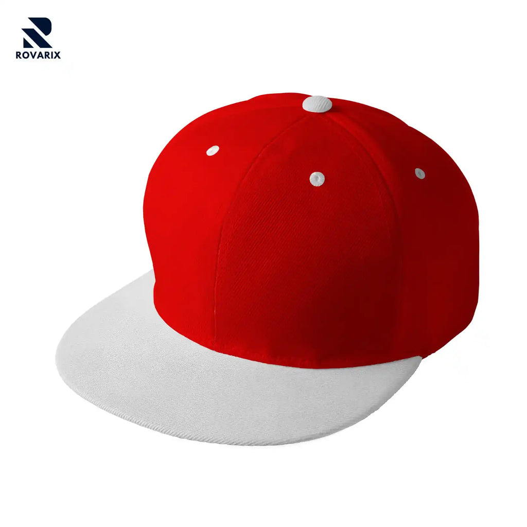 Rovarix red snapback hat with white flat brim, contrast eyelets, and adjustable closure