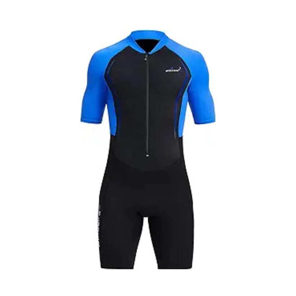 Rovarix men's shorty wetsuit black and electric blue color-block neoprene front zip short sleeve