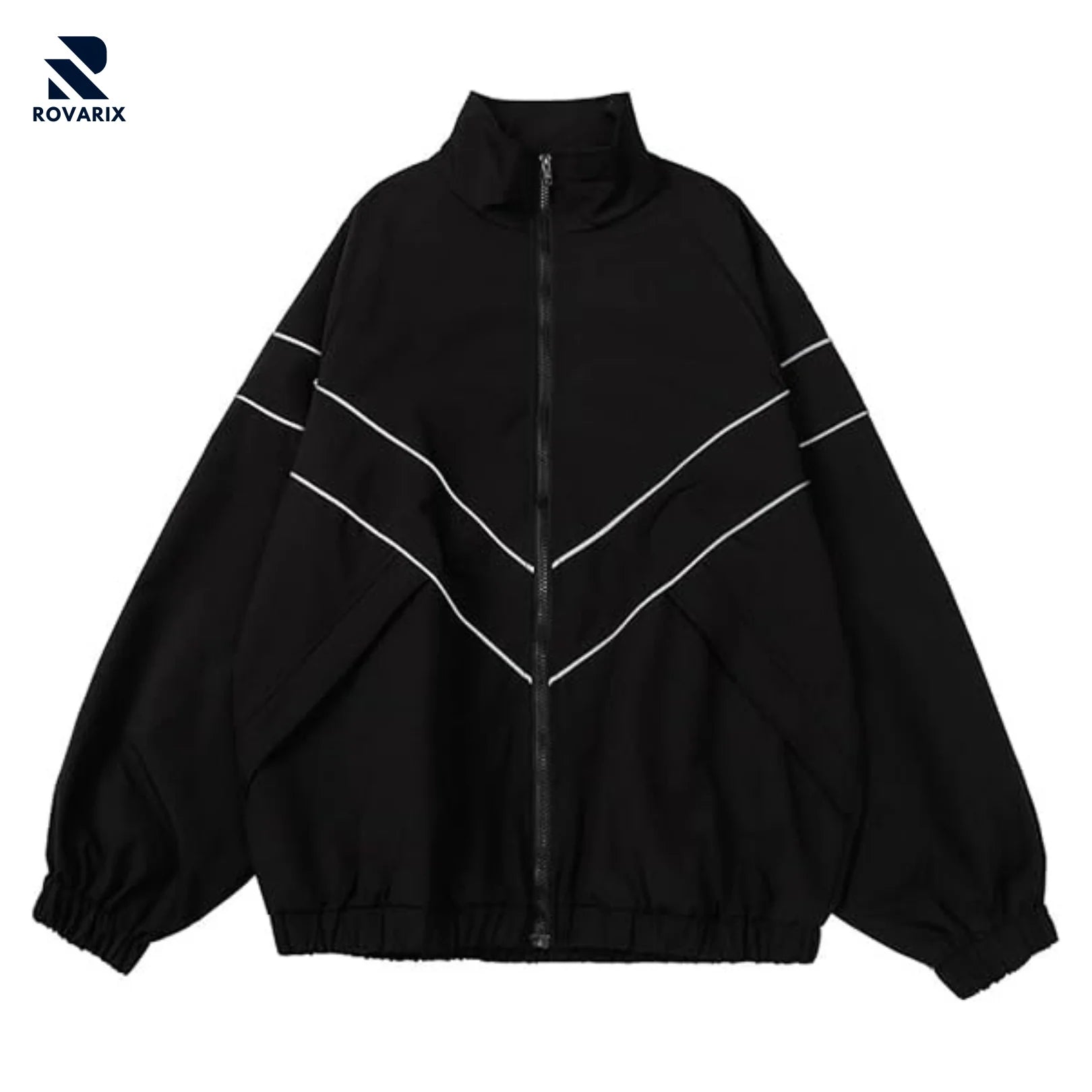 Black jacket with white accents on a white background, featuring the Rovarix brand.