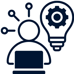 Person with laptop and light bulb with gear icon, symbolizing idea generation.