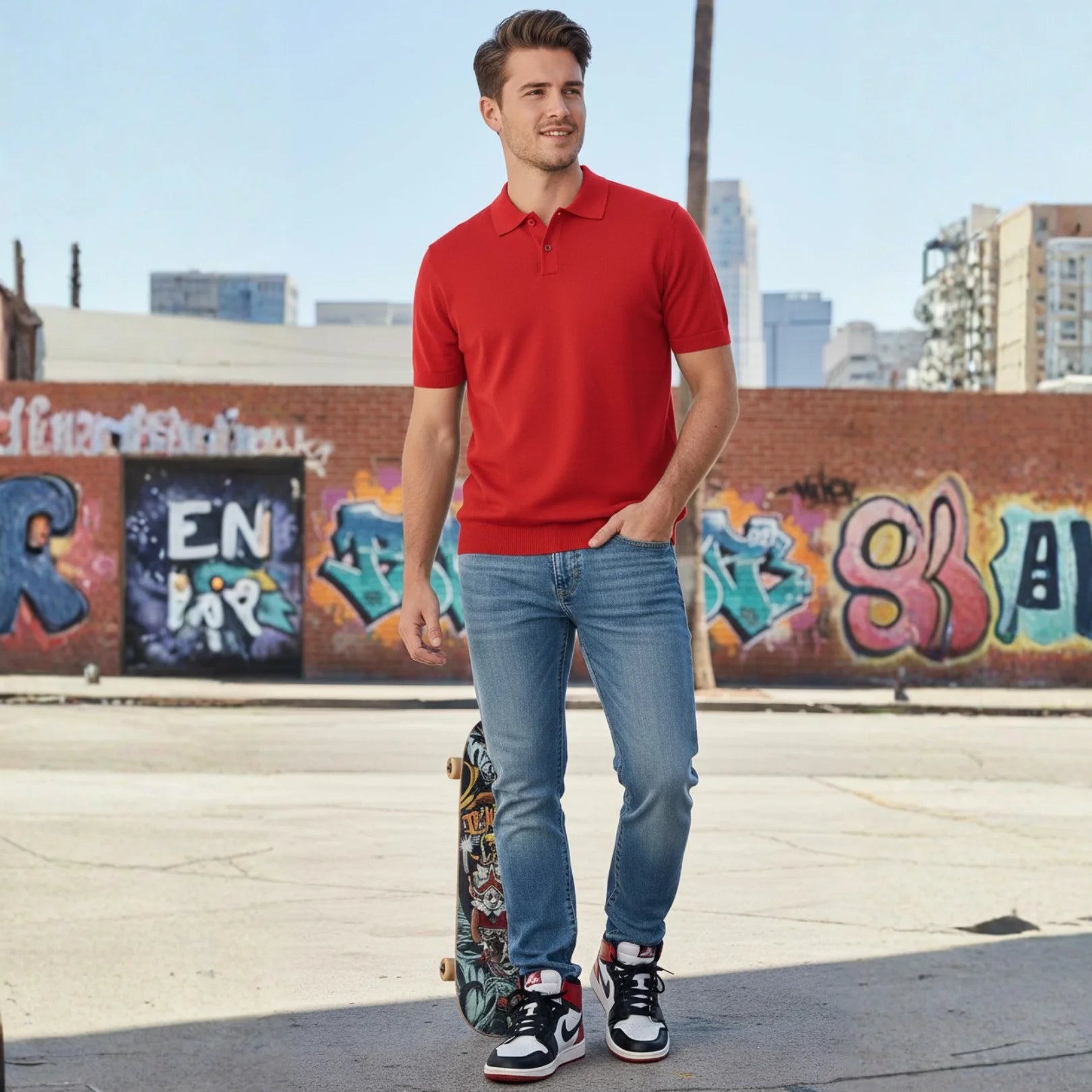 Man wearing Rovarix slim-straight stretch medium indigo jeans walking in urban street