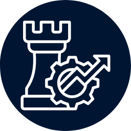 White icon of a castle and gear on a navy blue background