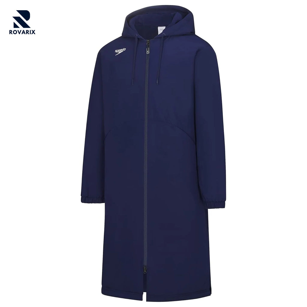 Rovarix navy blue swim parka long hooded water-resistant coat fleece-lined knee-length