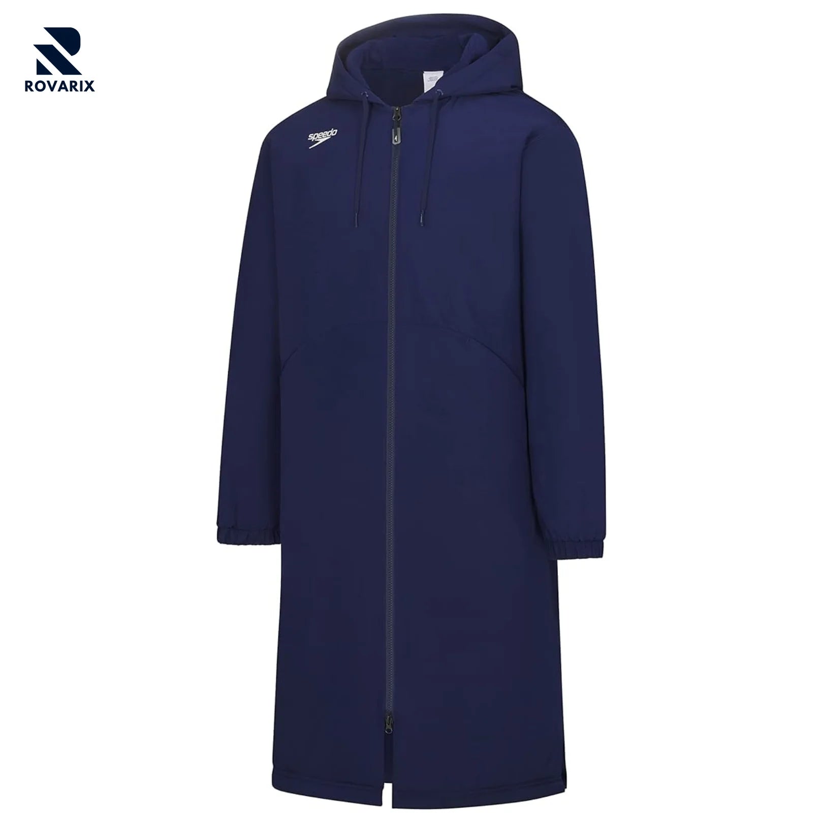 Rovarix navy blue swim parka long hooded water-resistant coat fleece-lined knee-length