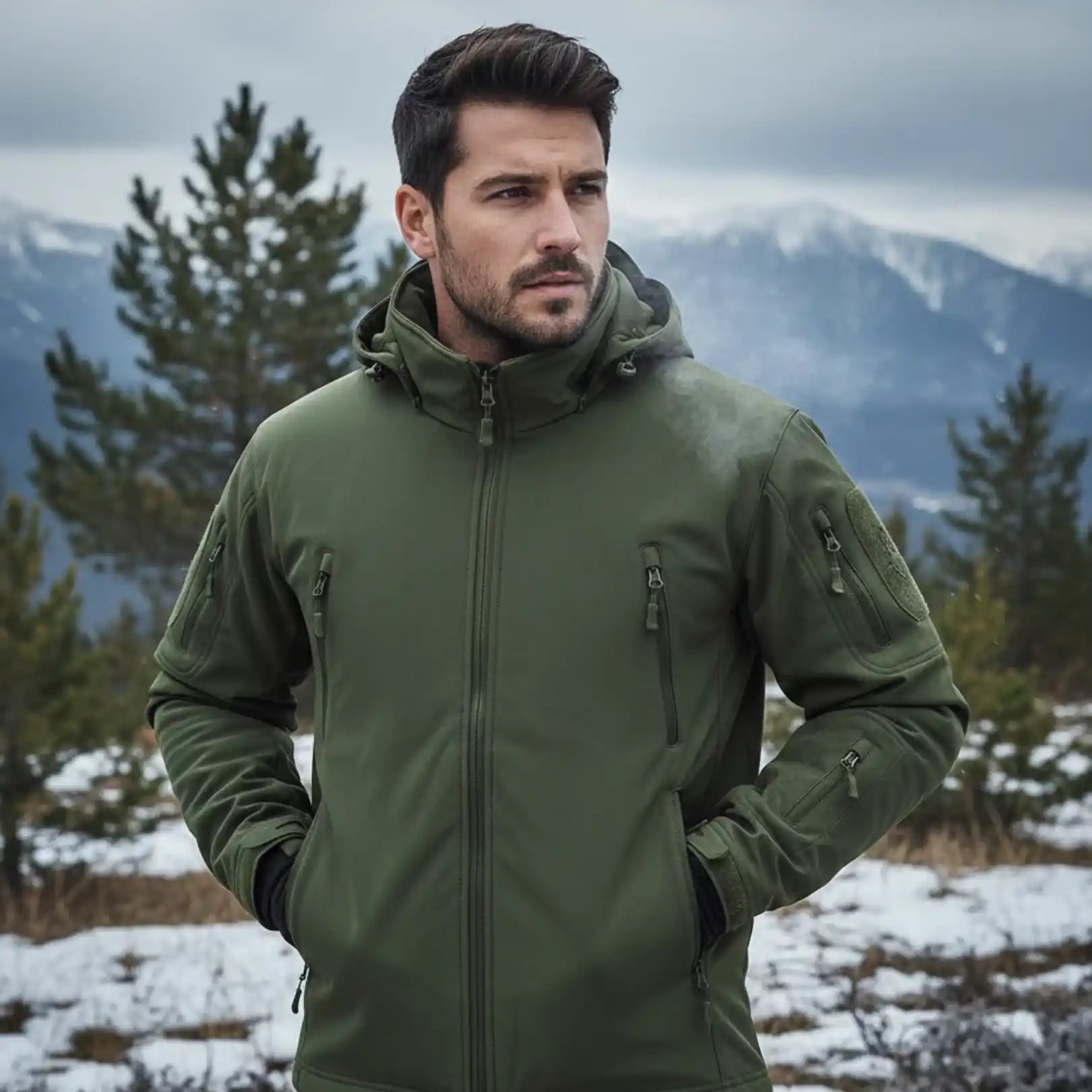Man wearing Rovarix olive green tactical softshell jacket in snowy mountain wilderness with evergreen