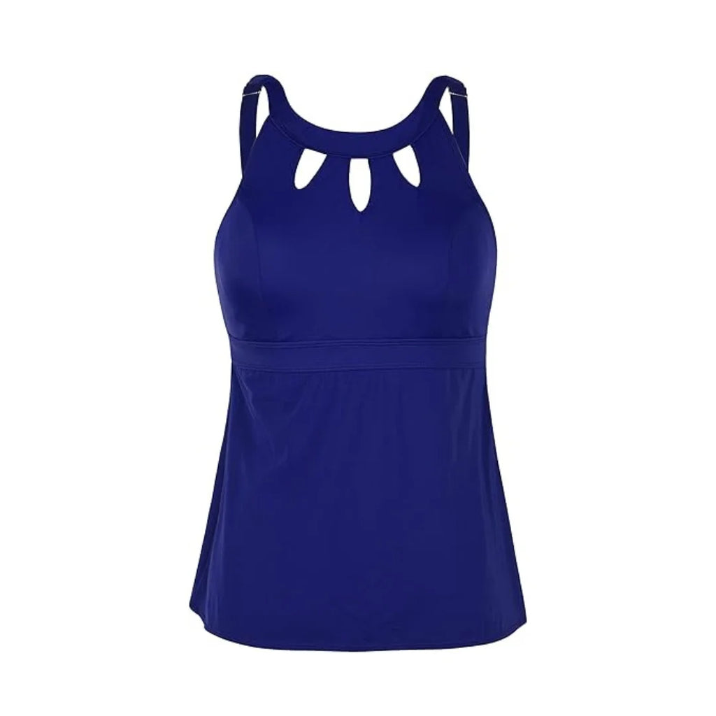 Rovarix women's navy blue tankini swimwear flared swimsuit top cutout neckline shelf bra