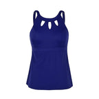 Rovarix women's navy blue tankini swimwear flared swimsuit top cutout neckline shelf bra