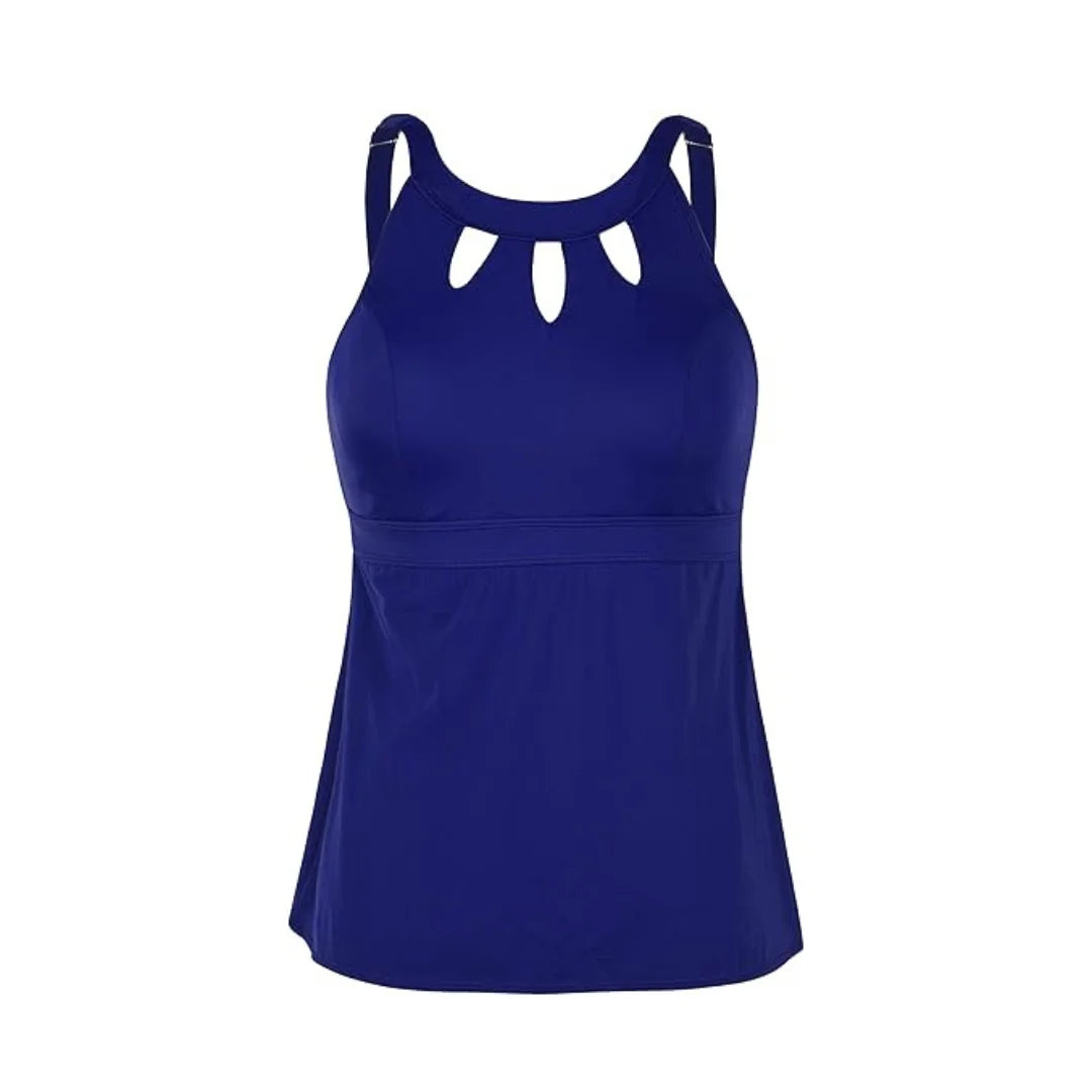 Rovarix women's navy blue tankini swimwear flared swimsuit top cutout neckline shelf bra