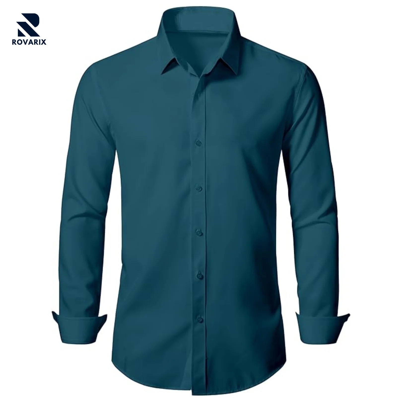 Rovarix men's teal button-down dress shirt long sleeves point collar flat lay product image