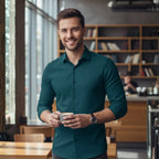 Man wearing Rovarix teal long-sleeve dress shirt holding coffee cup in modern office cafe