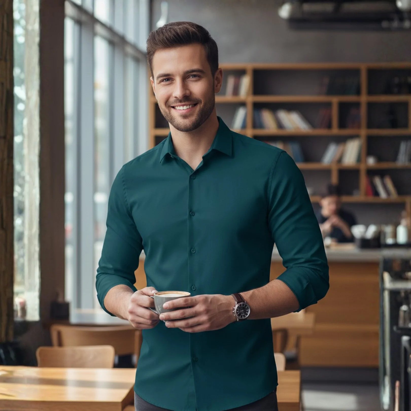 Man wearing Rovarix teal long-sleeve dress shirt holding coffee cup in modern office cafe