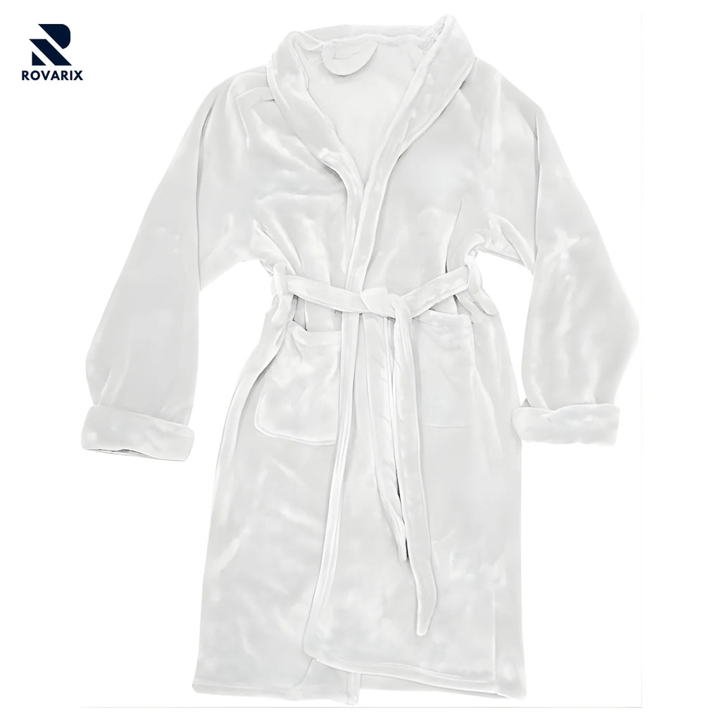 Rovarix white cotton terry cloth spa robe with shawl collar, pockets, and tie belt