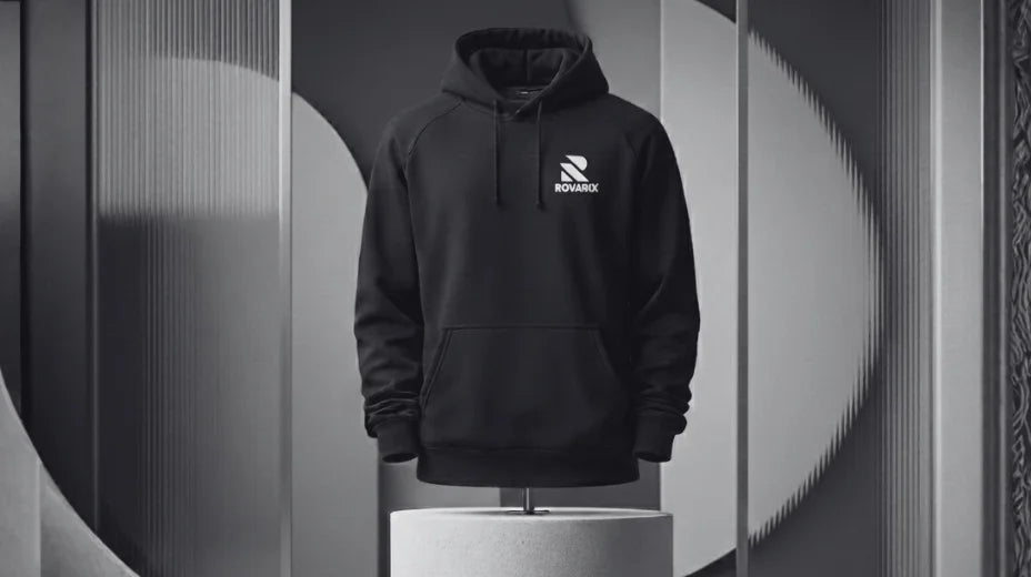 Black hoodie with a logo on a gray background