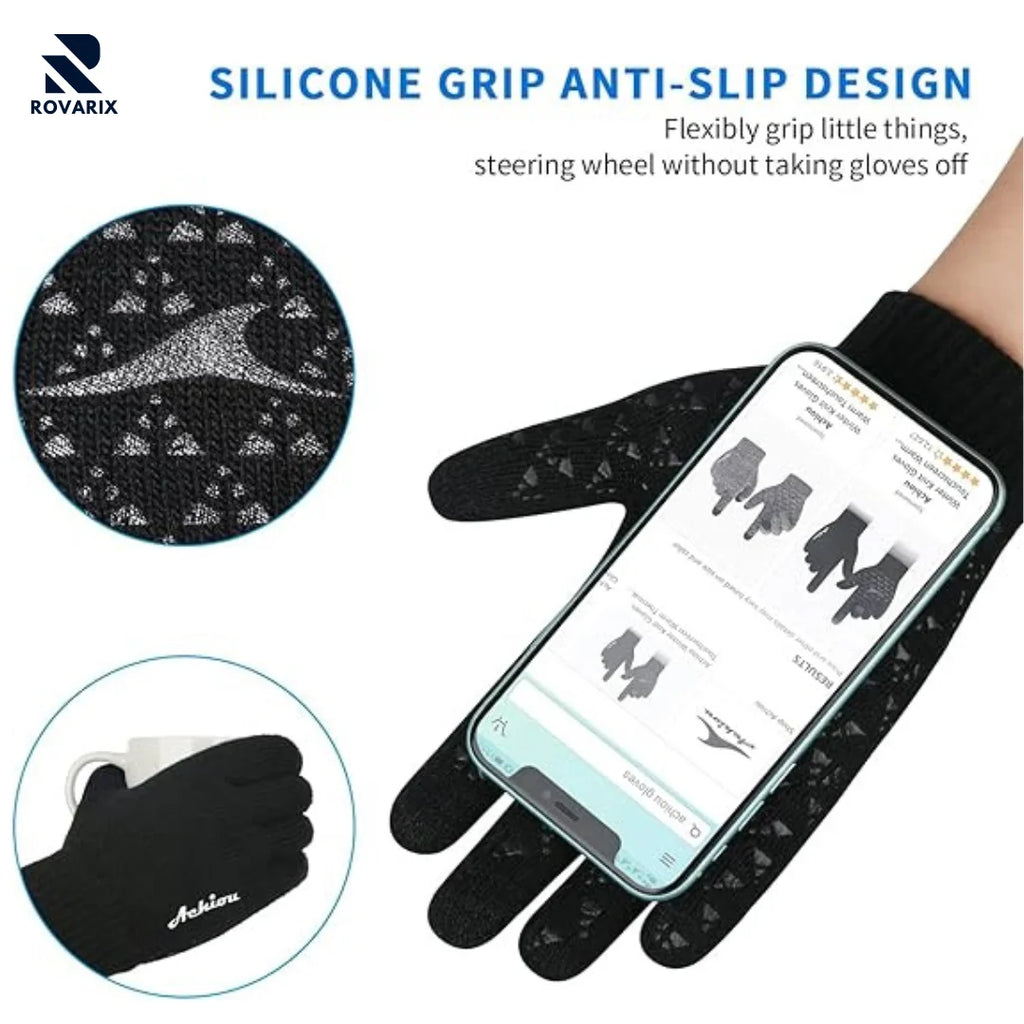 Rovarix black knit gloves showing silicone anti-slip grip pattern and touchscreen compatibility with smartphone