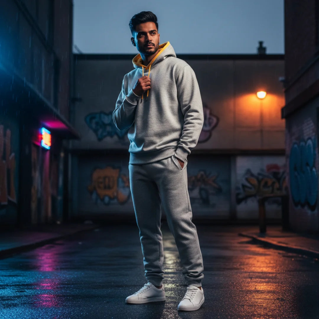 Man in gray hoodie and pants standing in an urban alleyway with graffiti.