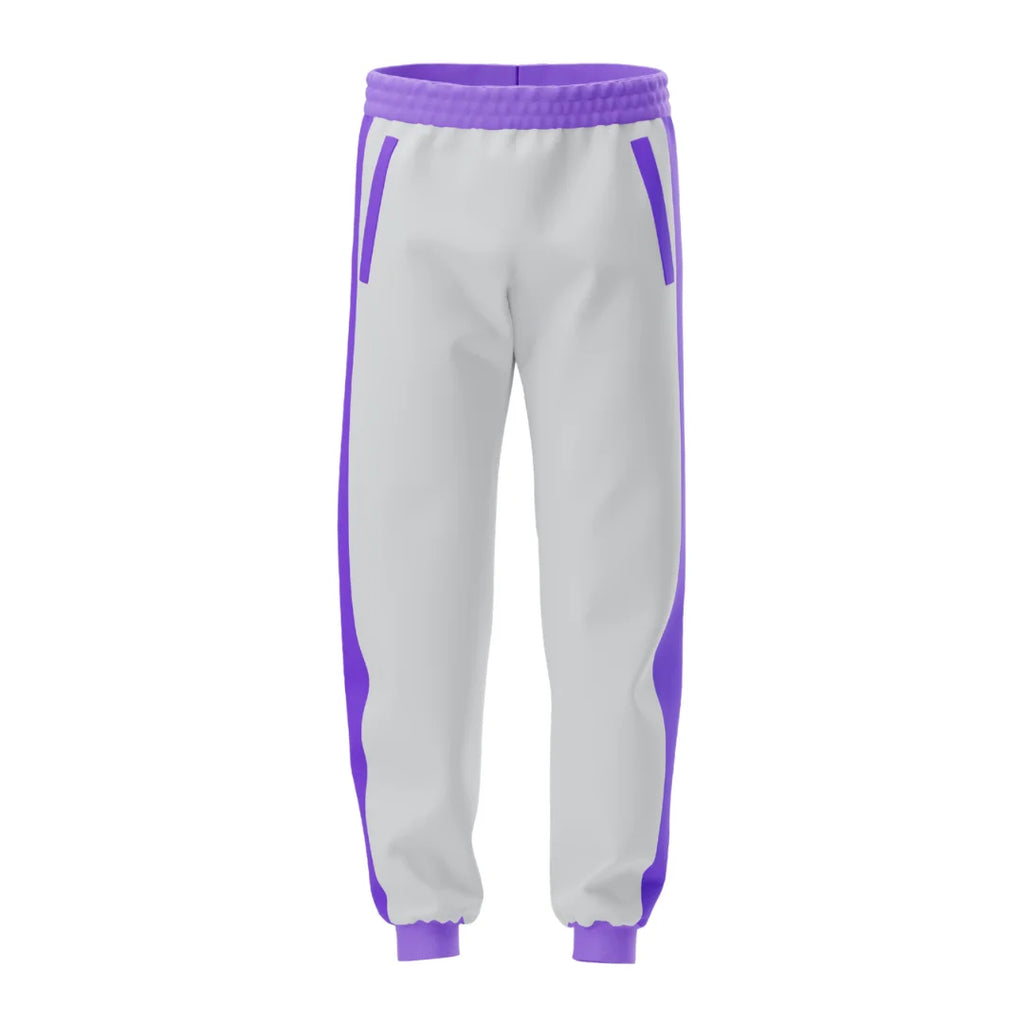 Gray sweatpants with purple accents on a white background