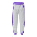 Gray sweatpants with purple accents on a white background