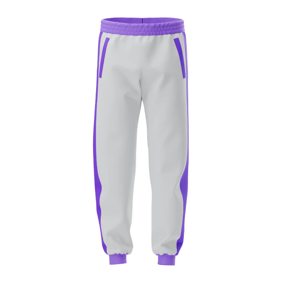 Gray sweatpants with purple accents on a white background