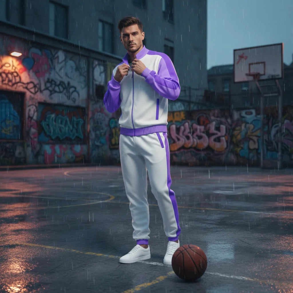 Man in a purple and gray tracksuit standing on a rain-soaked basketball court with graffiti in the background.